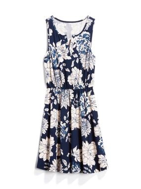 French Grey Navy & Cream Floral Sleeveless Knotch Neck Knit Dress Womens XL